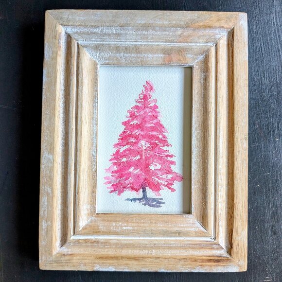 Original Watercolor Hot Pink Christmas Tree in Wooden Frame - Christmas decor - Picture 1 of 5